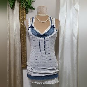 ♡ Y2K ♡ Hollister White & Blue Lace Cami Logo Bird Print Tank Top